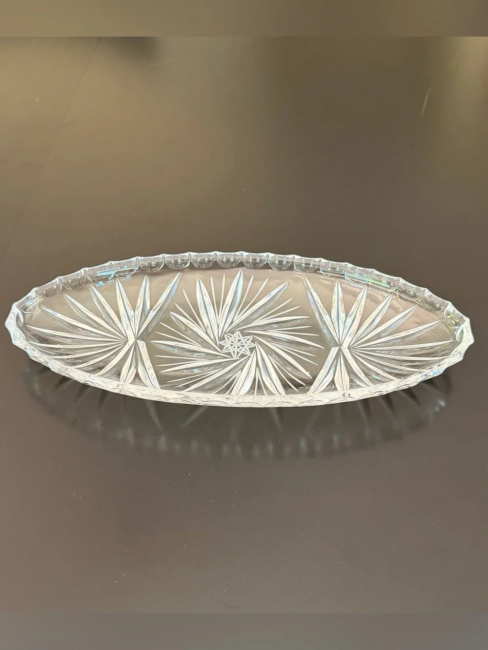Vintage Clear Pressed Glass Starburst Pinwheel Oval Relish Dish Serving Tray